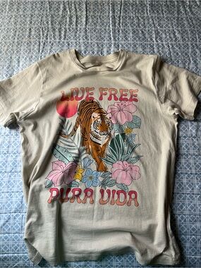 Pura Vida Cream Graphic Tee with Pink & Green Accents